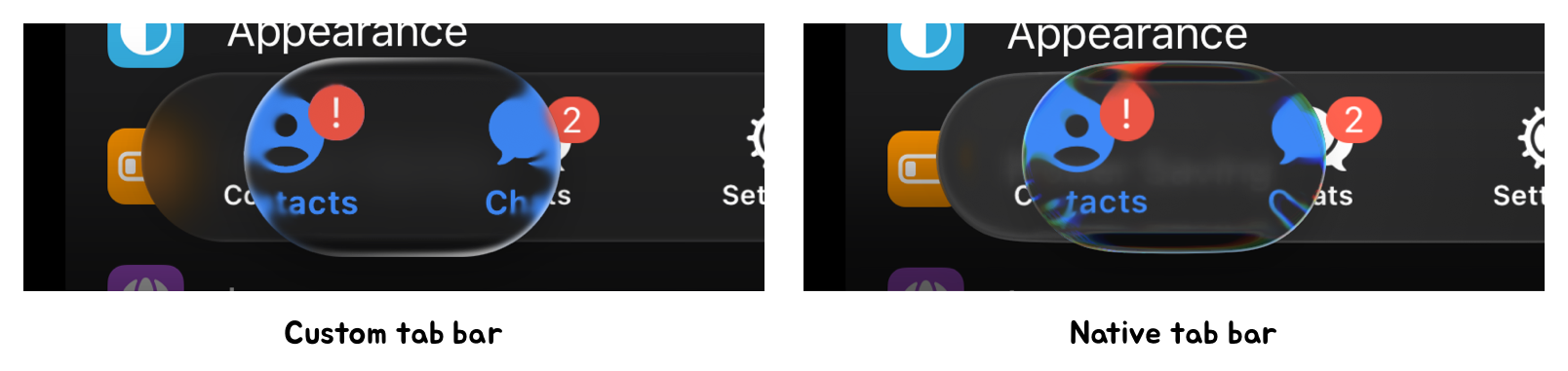 A comparison of the custom tab bar and the native tab bar
